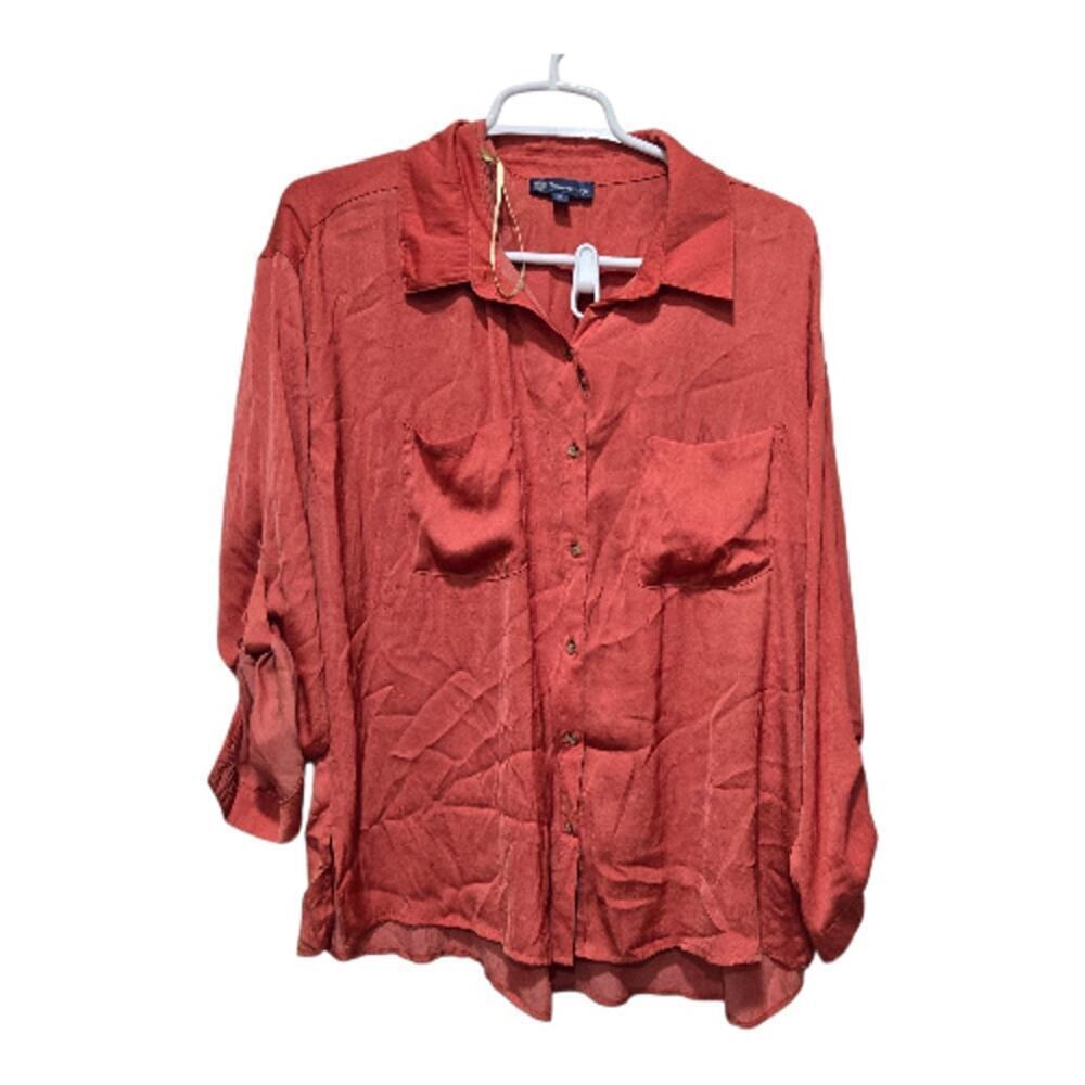 Democracy Terracotta Blouse Medium Roll Tab Sleeve Button Top